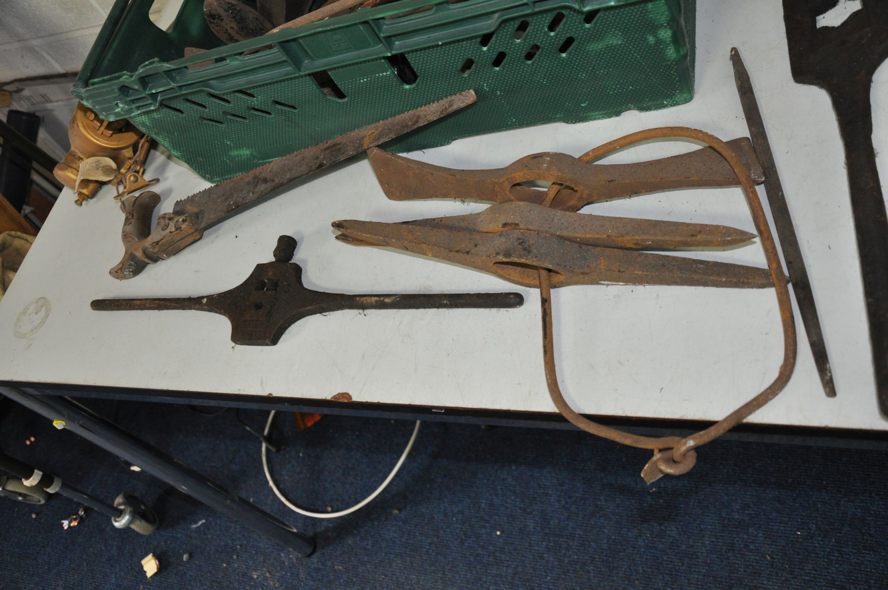 A TRAY CONTAINING VINTAGE TOOLS, door furniture, and fire furniture, including tap wrenches, show - Image 3 of 4