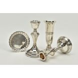 TWO SILVER CANDLESTICKS, VASE AND SMALL DISH, each candleholder designed with concentric bands,