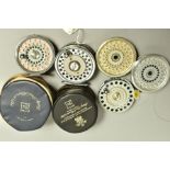 TWO HARDY BROTHERS FLY FISHING REELS IN POUCHES, Marquis #7, Marquis #6 and three various spare