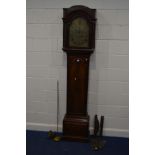 A GEORGIAN TWIN MAHOGANY LONGCASE CLOCK, the distressed hood with twin half column pillars with