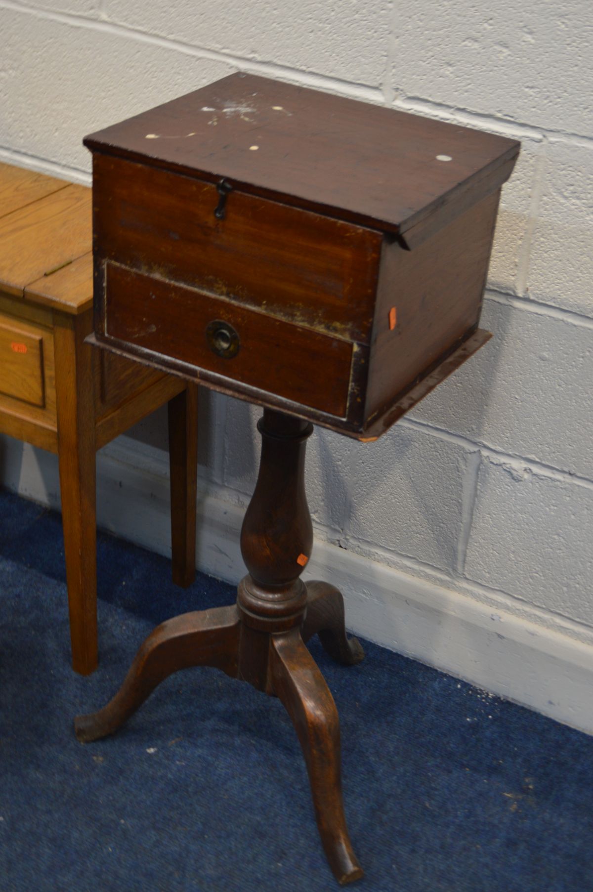 AN OAK TWIN TOP SEWING BOX, together with a Victorian oriental bamboo occasional table, sewing box - Image 2 of 4