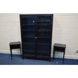 A MODERN BLACK FINISH DOUBLE DOOR BOOKCASE, width 115cm x depth 37cm x height 178cm together with