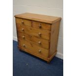 A VICTORIAN PINE CHEST OF TWO SHORT OVER THREE LONG GRADUATED DRAWERS, on baluster legs, width 106cm
