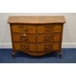 AN EARLY TO MID 20TH CENTURY WALNUT AND CROSSBANDED SERPENTINE MARQUETRY COMMODE, of three drawers