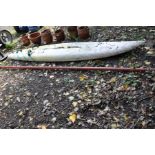 A VINTAGE BRIAN HINDE SAILHARD WIND SURF BOARD AND POLE, board is 340cm long (sd)