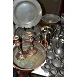 A COLLECTION OF PEWTER, COPPER, OLD SHEFFIELD PLATE etc, including chargers, plates, tankards,