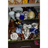 TWO BOXES OF CERAMICS AND GLASSWARE, etc, including crested china, pig ornaments, vases and