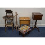 AN OAK TWIN TOP SEWING BOX, together with a Victorian oriental bamboo occasional table, sewing box