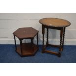 A MID 20TH CENTURY OAK OVAL TOPPED OCCASIONAL TABLE, with pie crust edging together with a modern