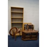 A PINE CORNER TV STAND AND OCCASIONAL TABLE, together with an oak finish open bookcase (two