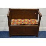 A 1940'S OAK PANELLED HALL BENCH, with removable cushion, width 91cm