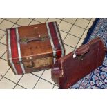 A LEATHER TRAVELLING TRUNK, stamped John Bagshaw & Sons, Liverpool, with luggage labels attached,