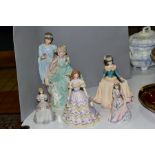 FIVE COALPORT AND WEDGWOOD FIGURINES, comprising Coalport 'Beau Monde Deborah', Beau Monde