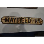 A VINTAGE WHITE GROUND CAST IRON STREET SIGN reading 'Mayfield Road', width 89cm