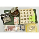 A BOX OF UK COINAGE to include some 1940's silver coins, a ten shilling M80 high grade banknote