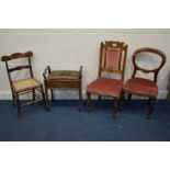 AN EDWARDIAN MAHOGANY PIANO STOOL, with sheet music, together with three various chairs (sd) (4)