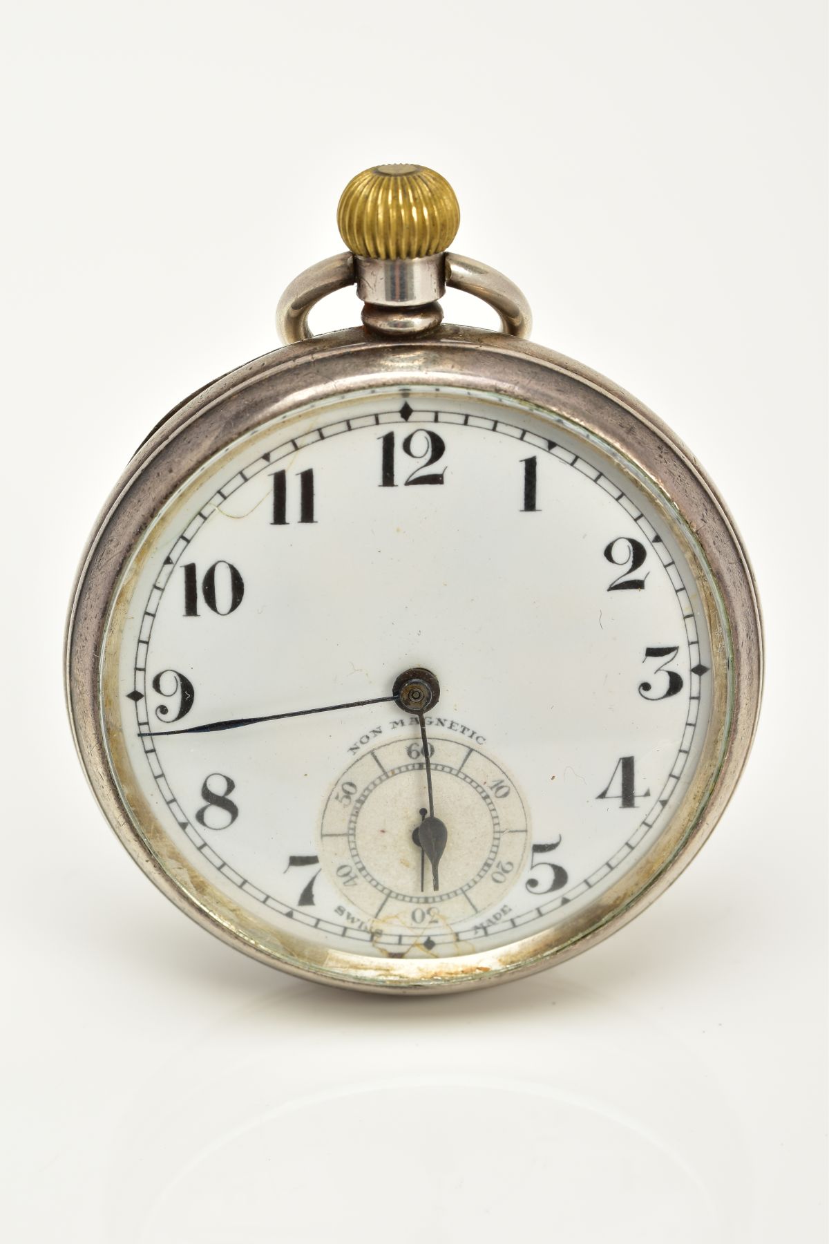 A SILVER POCKET WATCH, white dial, Arabic numerals, black hands, second subsidiary dial at the six