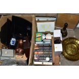 TWO BOXES AND LOOSE OF MISCELLANEOUS ITEMS, including a novelty pocket watch, brass school bell, a
