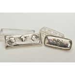 TWO SILVER LIDDED CUT GLASS TRINKET BOXES, the first rectangular form, plain glass trinket, cherub