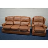 A BROWN LEATHER TWO PIECE LOUNGE SUITE, comprising a three seater settee and an armchair (2) (sd)