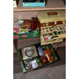 FISHING INTEREST:- TWO BOXES OF TACKLE AND A PLANO PLASTIC TACKLE BOX, including bait tubs, lures,