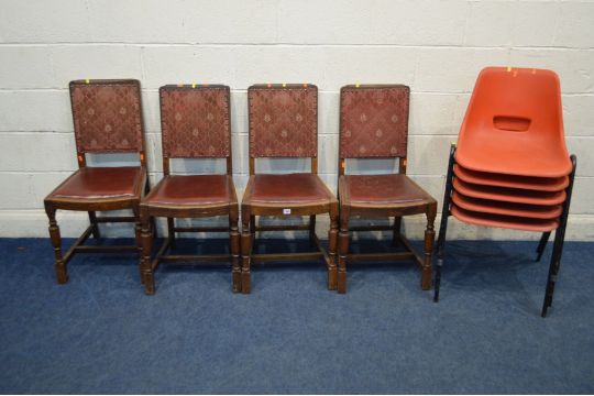 A SET OF FOUR MID CENTURY OAK DINING ROOM CHAIRS, with red leatherette seat inserts and