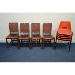 A SET OF FOUR MID CENTURY OAK DINING ROOM CHAIRS, with red leatherette seat inserts and