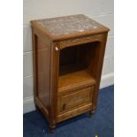 A FRENCH WALNUT POT CUPBOARD with a red veined marble top, open section above a single drawer, width