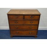 A GEORGIAN OAK AND MAHOGANY CROSSBANDED CHEST OF TWO SHORT OVER THREE LONG DRAWERS, brassed