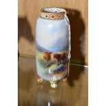 A ROYAL WORCESTER VASE, with pierced neck the cylindrical body decorated to the front with