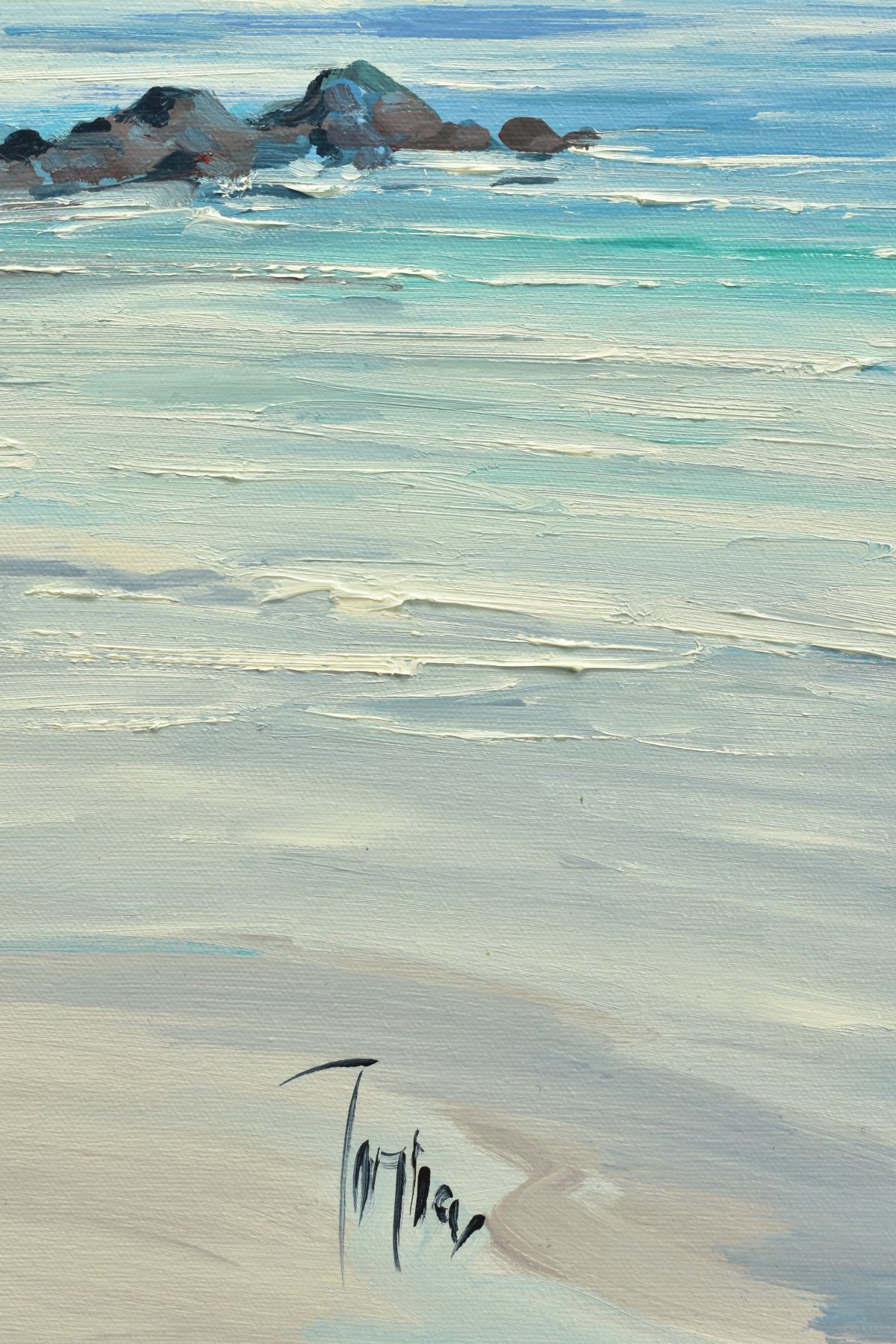 TOM BARRON (BRITISH CONTEMPORARY) 'SUMMER LIGHT, IONA' a Scottish coastal landscape, signed bottom - Image 3 of 6