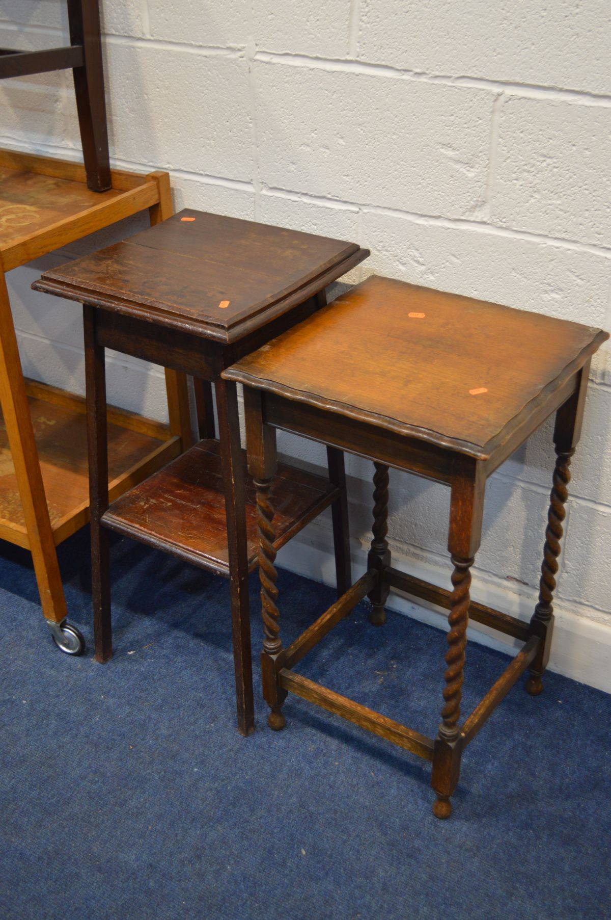 A QUANTITY OF OCCASIONAL FURNITURE, to include two oak occasional tables, two tea trolleys, two fire - Image 2 of 4