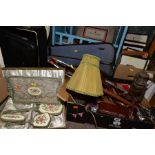 TWO BOXES OF PICTURES, METALWARES AND LOOSE MISCELLANEOUS ITEMS, including wall mirrors, boxed and