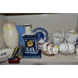 A COLLECTION OF CERAMICS ETC, to include a Wedgwood Jasper Ware clock, runs but missing a hand,