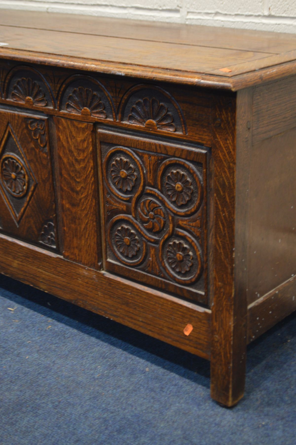 AN EARLY 20TH CENTURY BLANKET CHEST, with a lunette detail frieze above a triple panel front bearing - Image 2 of 4