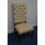 A REPRODUCTION CHERRYWOOD HIGH BACK BUTTONBACK THRONE CHAIR, covered with floral gold upholstery, on