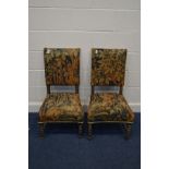 A PAIR OF BOBBIN TURNED OAK CHAIRS with forest scene upholstery (some woodworm)
