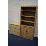 A MODERN OAK FINISH OPEN BOOKCASE, above double cupboard doors, width 82cm x depth 42cm x height