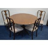 A MAHOGANY CIRCULAR TILT TOP BREAKFAST TABLE, diameter 120cm x height 75cm, together with a set of