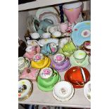 A BOX AND LOOSE ADDERLEY TEA WARES, DINNER PLATES, etc including harlequin trios, a trinket box, and