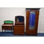 AN EDWARDIAN MAHOGANY AND INLAID FOUR PIECE BEDROOM SUITE, comprising a single bevelled mirror