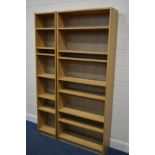 TWO MODERN OAK FINISH OPEN BOOKCASES, width 80cm x depth 28cm x height 202cm, and a matching slim