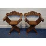 A PAIR OF LATE 20TH CENTURY CARVED MAHOGANY FOLDING SAVONAROLA ARMCHAIRS, with lions head armrests