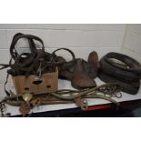 A SELECTION OF HORSE TACKLE, to include two horse collars, three pairs of horse hames, leather