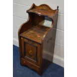 AN EDWARDIAN ROSEWOOD, MARQUETRY INLAID AND STRUNG PURDONIUM, with mirrored back, above a fall front