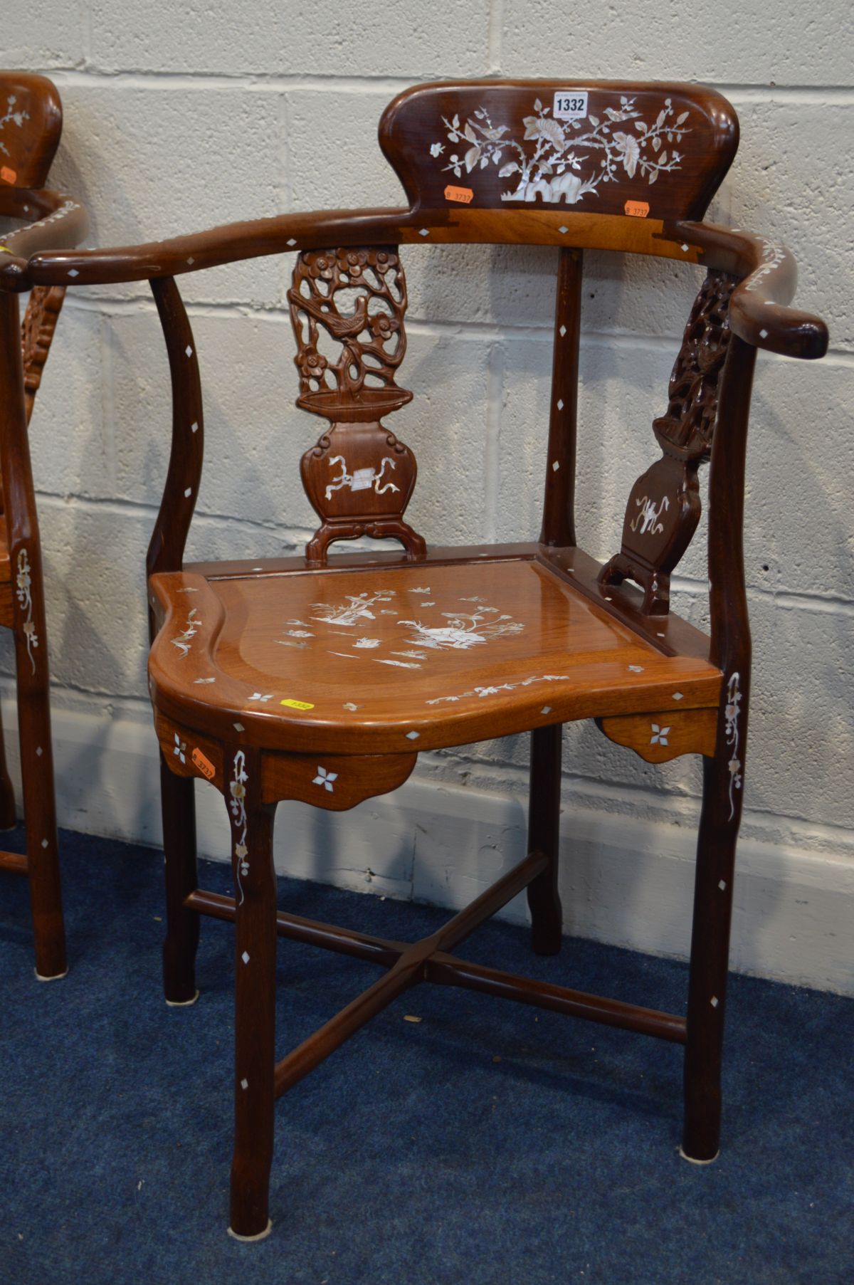 A NEAR PAIR OF MID TO LATE 20TH CENTURY ORIENTAL HARDWOOD CORNER CHAIRS, with mother of pearl - Image 2 of 7