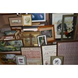 A LARGE QUANTITY OF PICTURES etc, to include a needlework sampler by Edith Hannah Halladay, dated