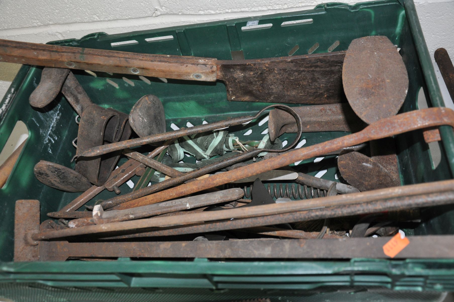A TRAY CONTAINING VINTAGE TOOLS, door furniture, and fire furniture, including tap wrenches, show - Image 4 of 4