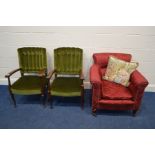 A PAIR OF EARLY TO MID 20TH CENTURY MAHOGANY OPEN ARMCHAIRS with green upholstery together with a
