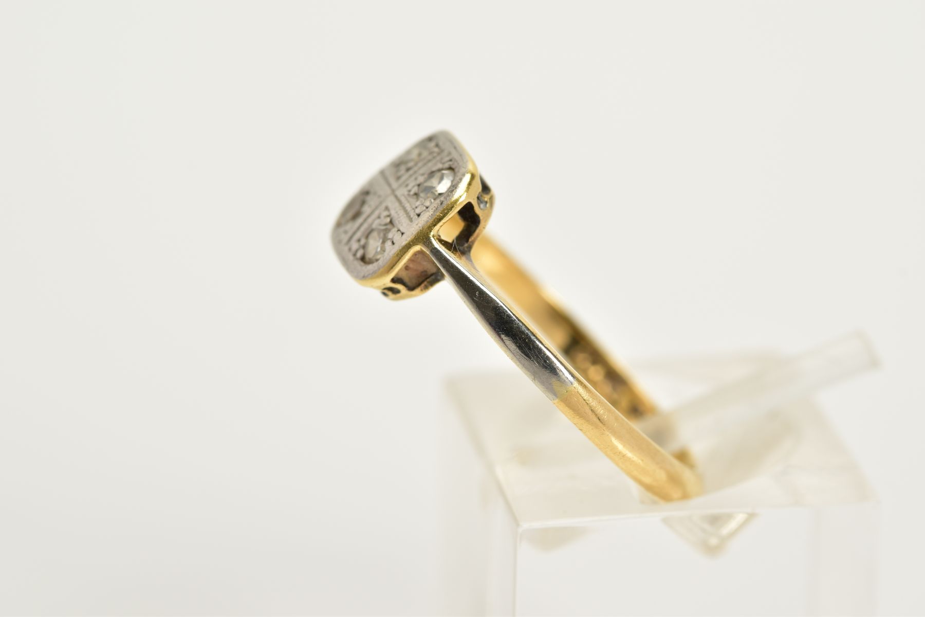 A YELLOW METAL DIAMOND RING, of square design set with four single cut diamonds, tapered - Image 2 of 3